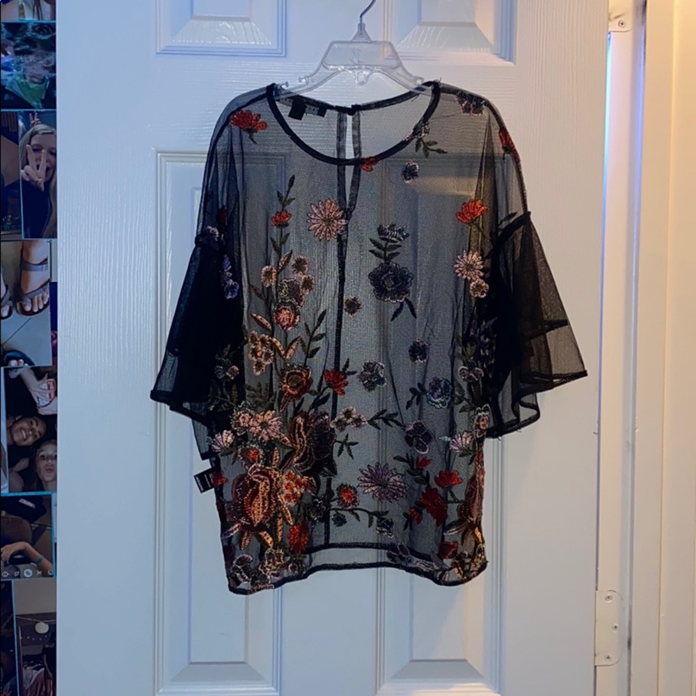 sheer top with flower embroidery